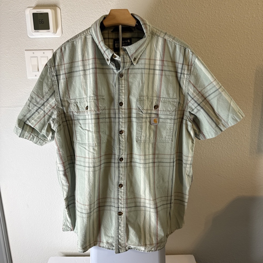 Carhartt Men's Short Sleeve Button Down Shirt with Pockets Green Plaid Size XL